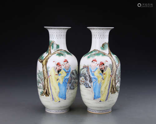 Pair of Chinese Republic Style Famille Rose Vase Painted with Landscape and Figures W:10cm H:26cm