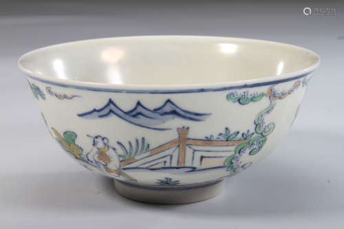 Chinese Dou Glazed Bowl Painted with Figures Marked 