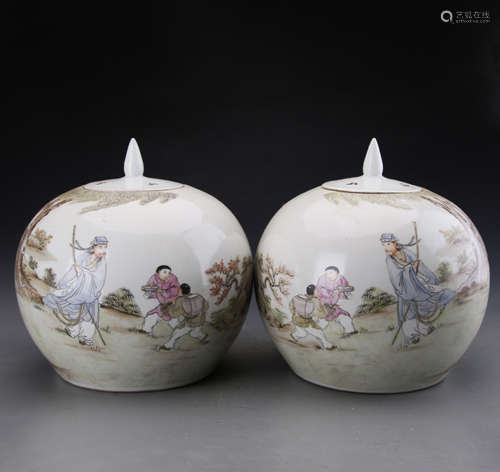 Pair of Chinese Qianjiang Glazed Jar Painted with Figures W:22cm H:22cm