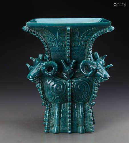 Chinese Green Glazed Vase with Ram Heads Marked 