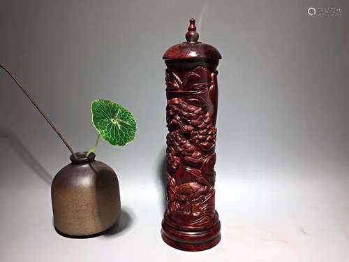 Chinese Zitan Wood Incense Tube Carved with Crane and Pine Tree W:6.8cm H:23.5cm