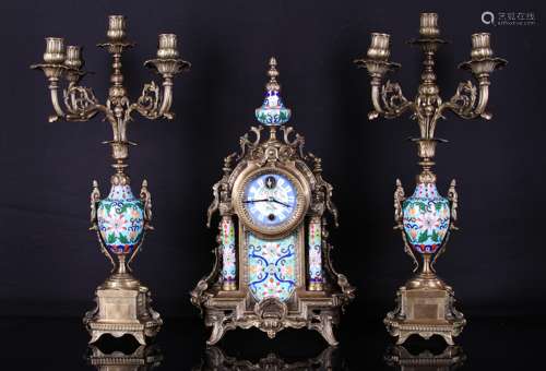 Set of Three Chinese Qing Styled Cloisonne Enameled Clock and Candlesticks L:28cm W:13cm H:48cm