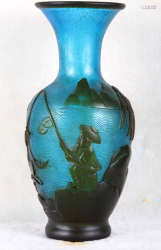 Chinese Peking Glass Vase Carved with Dragon Marked 