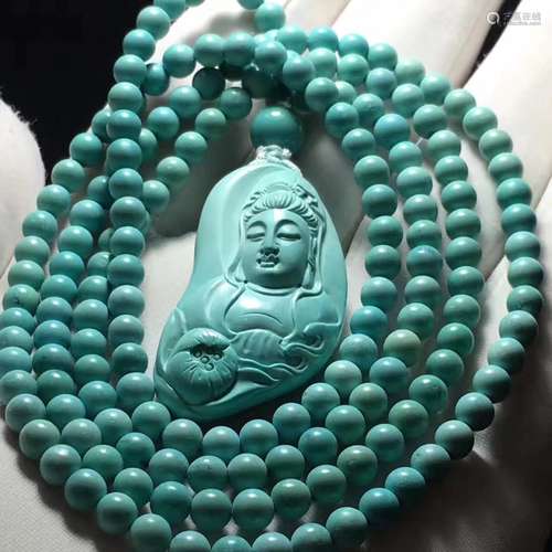 Chinese Turquoise Kwanyin Pendant with Beads W:1.9cm H:3.6cm