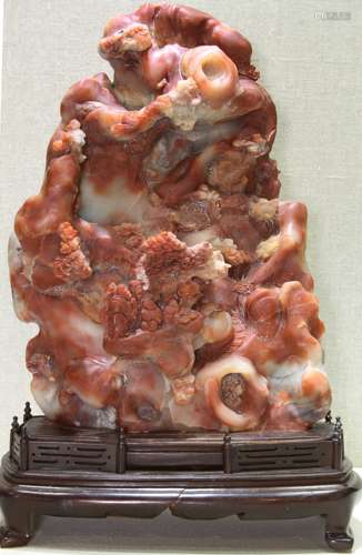 Chinese Qing Styled Shoushan Stone Ornament Carved with Landscape and Figures L:19cm W:6cm H:31cm