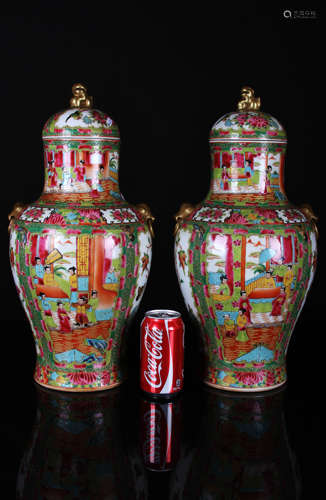 Pair of Qing Styled Famille Rose Vase Painted with Figures W:23cm H:47cm