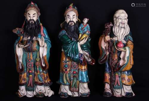 Set of Three Chinese Qing Styled Tri-Colored Statues W:16cm H:45cm