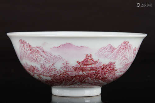 Chinese Famille Rose Bowl Painted with Landscape Marked 