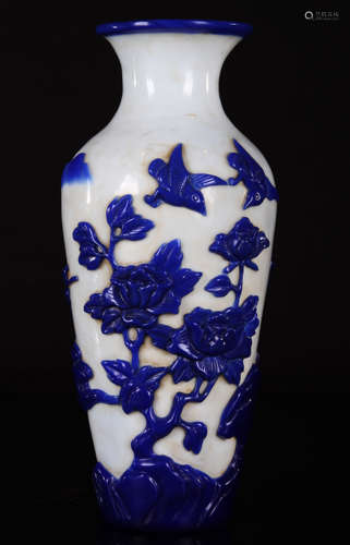 Chinese Qing Styled Peking Glass Vase Carved with Flowers and Birds W:12cm H:26cm