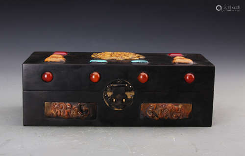 Chinese Qing Styled Hardwood Box Inlaid with Groud Shaped Shoushan Stone and Other Gems L:29cm  W:11cm H:10cm