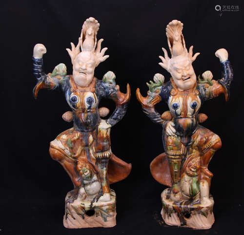 Pair of Chinese Tang Styled Tri-colored Statues W:36cm H:73cm