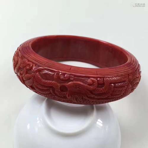 Chinese Red Coral Bangle Carved with Dragon and Phoenix