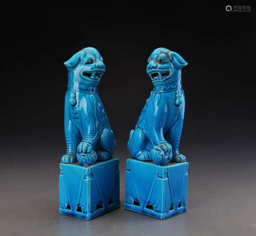 Pair of Chinese  Republic Style Blue Glazed Fu Dogs H:27cm