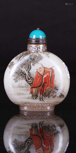 Chinese Famille Rose Peking Glass Snuff Bottle Painted with Arhat Marked 