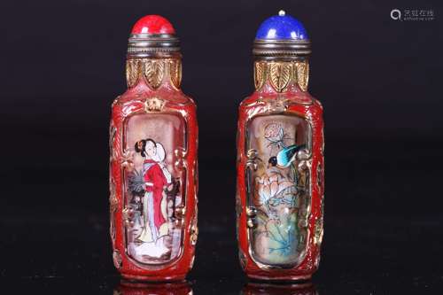 Pair of Chinese Famille Rose Peking Glass Snuff Bottle Painted with Figures and Birds Marked 