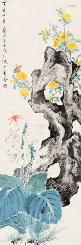 江寒汀 丁亥（1947年）作 花卉草虫 立轴 设色纸本