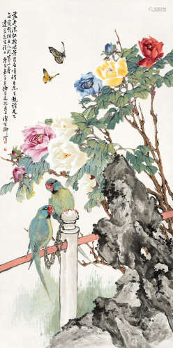 柳滨 庚辰（1940年）作 鹦武花蝶 立轴 设色纸本