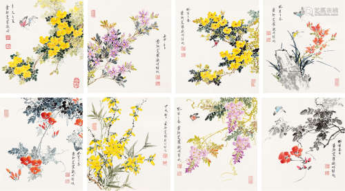 爱新觉罗·毓峘 花鸟草虫册 （一组八幅） 卡纸 设色纸本
