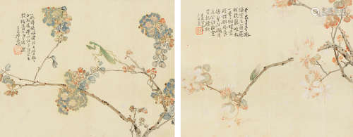 居廉 花卉虫草 （一组两件）（两幅） 镜框 设色绢本