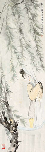 贺天健 庚子（1960年）作 柳窗仕女 立轴 设色纸本