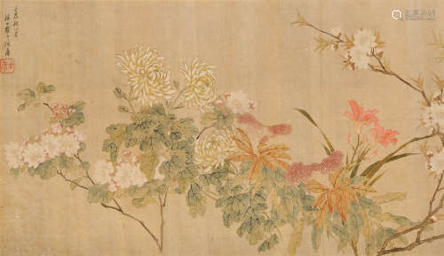 居廉 壬辰（1892年）作 花卉 镜框 设色绢本