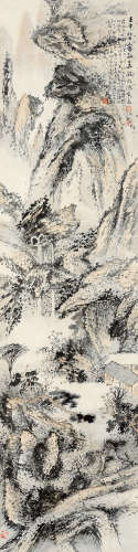 俞剑华 壬申（1932年）作 拟大涤子山水 立轴 设色纸本