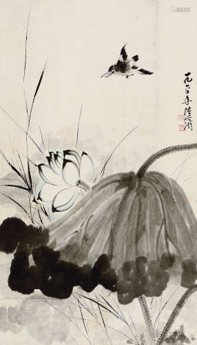 陈从周 庚子（1960年）作 荷花小鸟 立轴 设色纸本