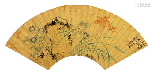 钱卿鉌 丙子（1876年）作 花石 扇页 设色绢本