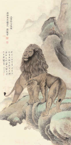 马晋 1938年作 双狮图 立轴 设色纸本