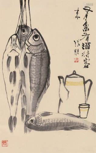 张朋 有鱼有酒 立轴 设色纸本