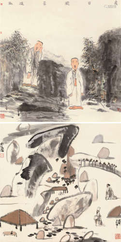 刘进安 1989年作 人物 （二帧） 镜片 设色纸本