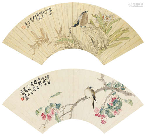 任薰 (1835～1893) 任预 (1853～1901) 花鸟 扇片 （两开） 设色金笺／设色纸本