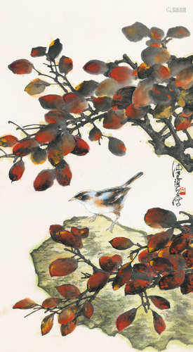 陈佩秋 (b.1922) 秋叶小鸟 镜片 设色纸本