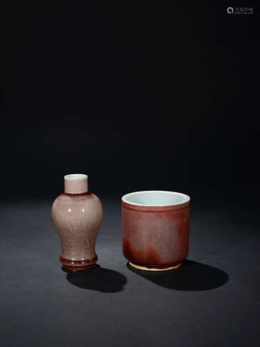 铜红釉筒炉、小瓶（2件） 清中期
