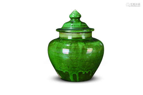 明 绿釉印花盖罐