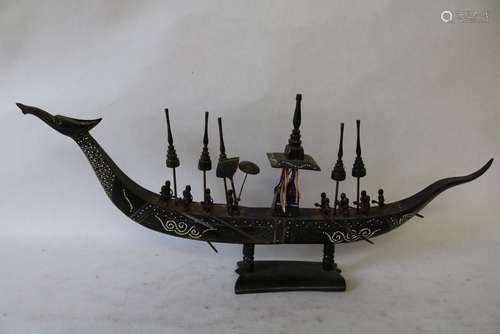 Carved Buffalo Horn Dragon Boat, Decorative Tribal Rowing Boat