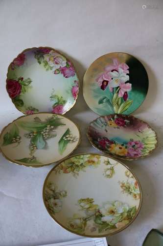 5 Antique Hand Painted Plates, Austria, Limoges, & Nippon