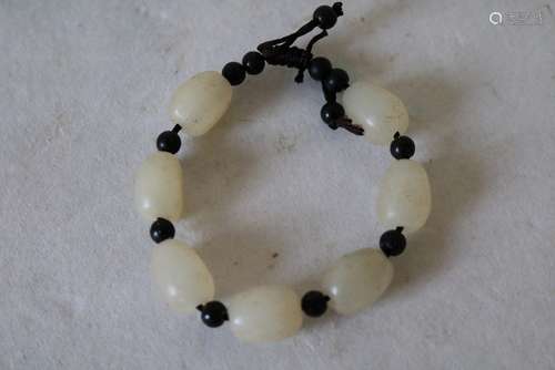 White Jade Beaded Bracelet, Hand Knotted with Tiny Black Beads