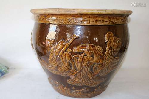 Large Asian Brown Pottery Planter, Signed