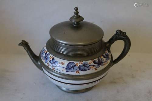 Blue & White Hand Painted Tea Pot with Pewter