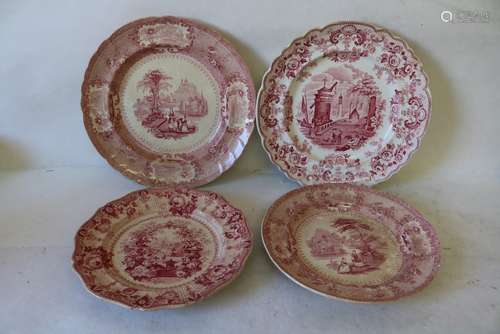 Lot of 4 Antique Pink Transferware Plates