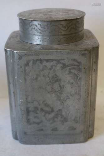 Asian Pewter Tea Caddy engraved with Flowers & Birds with cover