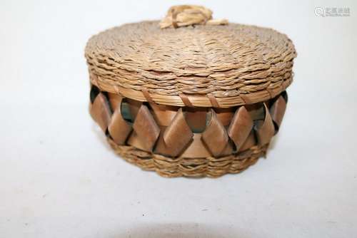 Antique Woven Twisted Ribbon Wicker Basket, with sea grass lid