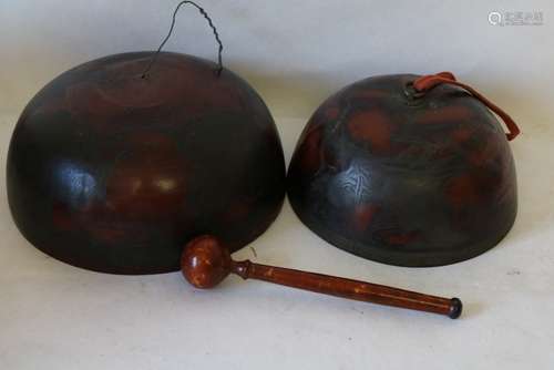 2 Bronze Chinese Temple Meditation Bells with Dragon design