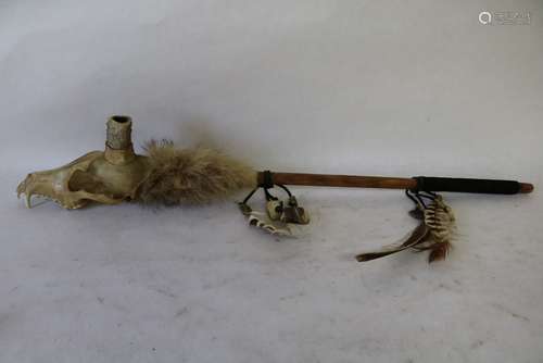 Native American Animal Skull Peace Pipe