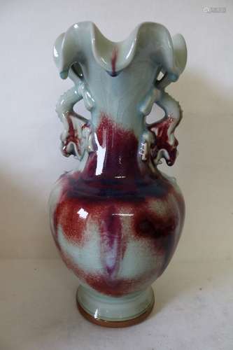 Large Asian Red & Blue Pottery Vase with Dragon Handles