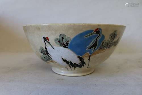 Antique Hand Painted Asian Porcelain Bowl with Cranes