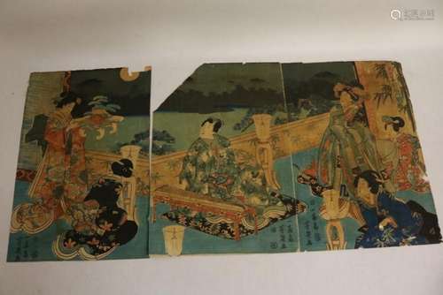 set of 3 Asian Wood Block Prints on Rice paper, signed