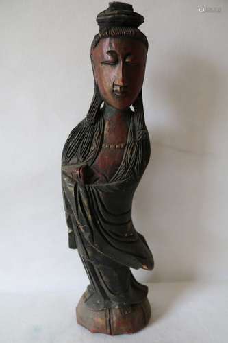 Antique Wood Hand Carved Asian Goddess Statue, Kuan Yin