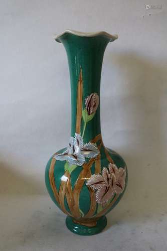 Tall Green Hand Painted Asian Vase with Ruffled Edge